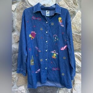 Vintage Warners Bros Tweety Bird Shirt Oversized Sz L Denim Button Up Embroidery